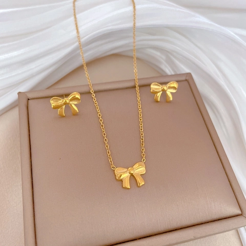 Elegant Bowknot Pendant Necklace And Earrings Titanium Steel Gold Plated Minimalist Clavicle Chain For Women Jewelry
