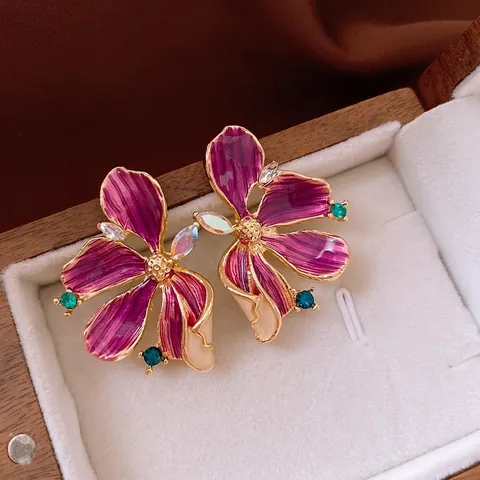 Flower Stud Earrings Enamel Alloy Rhinestone Vintage Elegant Jewelry For Women With 925 Sterling Silver Earring Post