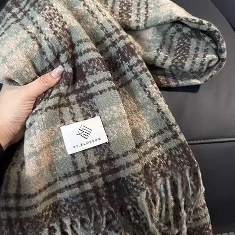 Damen Karo Schal Winter Warm Kaschmir Imitat Übergroße Quaste Schal Wickel Retro Karomuster Halswärmer