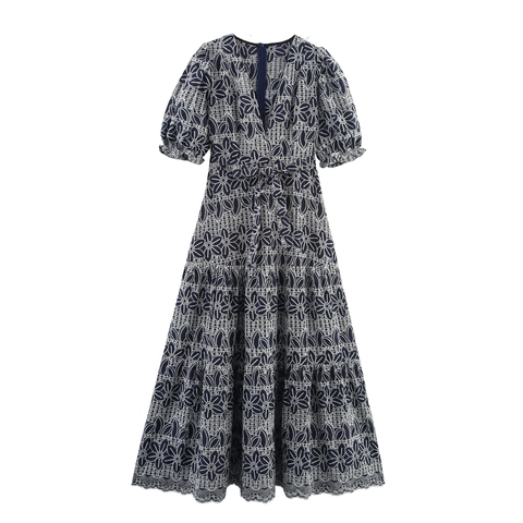 Robe Longue Élégante À Col En V Broderie Anglaise Bleu Marine Manches Bouffantes Ligne A Style Ethnique Vacances