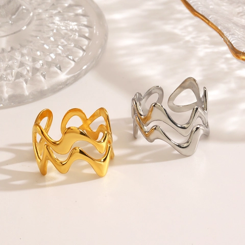 Stainless Steel Wavy Open Ring 18K Gold Plated Minimalist Geometric Intertwined Lines Fashion Finger Jewelry For Women