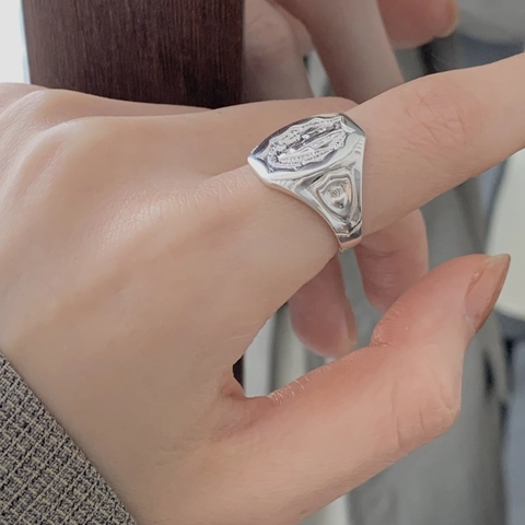 Anillo De Sello Religioso Virgen María Plata De Ley 925 Estilo Retro Vintage Pulido Ajustable Motivo Cruz Joyas