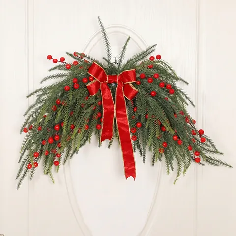 Christmas Door Swag Artificial Pine Needles Red Berries Velvet Bow Warm LED Lights Festive Wall Hanging Decoration Holiday Home