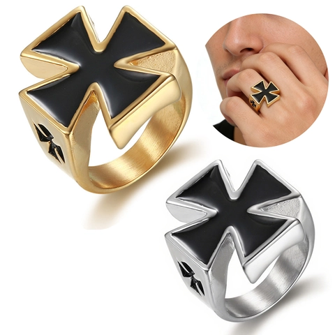 Anello Croce Di Ferro Vintage Da Uomo Acciaio Inossidabile Smalto Nero Punk Gothic Biker Gioielli Accessorio Croce