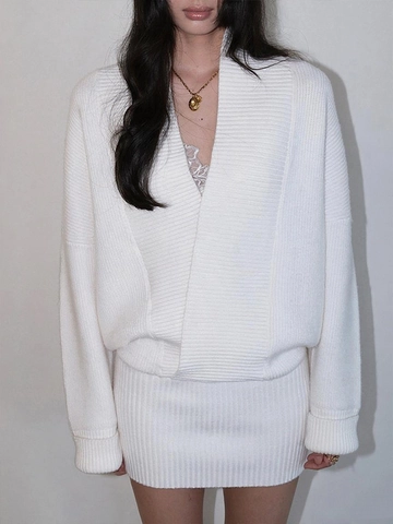 Ribbed Knit V Neck Long Sleeve Wrap Top And Bodycon Skirt Solid Color Slim Fit Sweater Outfit For Women Casual Sexy