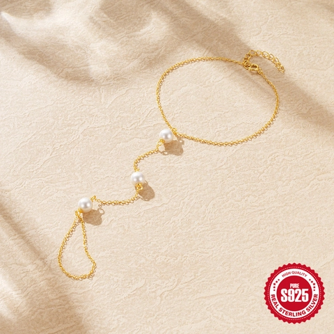 925 Sterling Silver Gold Plated Slave Bracelet For Women Artificial Pearl Hand Harness Chain Ring Jewelry Accessory Gift