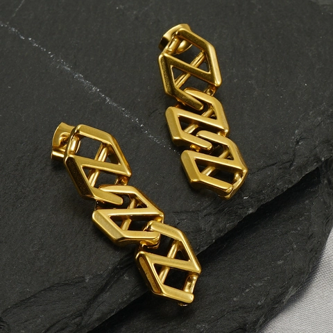 Interlocking Geometric Chain Drop Earrings 18K Gold Plated Stainless Steel Modern Hexagon Niche Design Jewelry Women