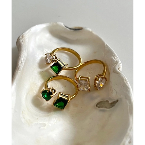 Open Ringen 18K Verguld Titaniumstaal Groen Wit Vierkant Waterdruppel Zirkoon Verstelbaar Retro Sieraden Voor Dames