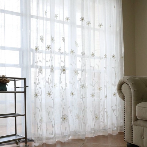 White Daisy Flower Embroidery Cotton Mesh Sheer Curtain Vintage Artistic Semi-Blackout Window Drape For Living Room