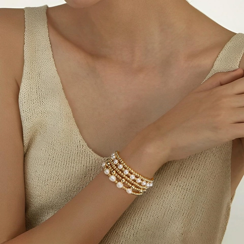 Multi Layered Artificial Pearl Bracelet Set For Women Bohemian Beaded Stacking Bracelet Gold Silver Plated Retro Hand Jewelry Accessories
