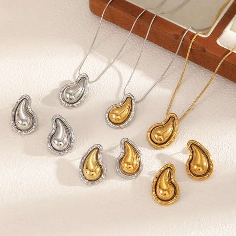 Parure De Bijoux En Acier Inoxydable Goutte Deau Collier Et Boucles Doreilles Texture Lave Style Ins Pour Femmes Poli