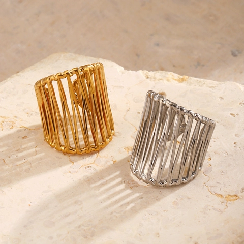 Anillo De Línea Hueca De Acero Inoxidable Chapado En Oro De 18K Ajustable Banda Ancha Geométrica Joyería Para Mujeres