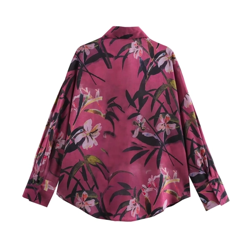 Damen Bluse Hemd Polyester Satin Blumenblattdruck Langarm Revers Locker Lässig Modisch Büro Dame Elegant