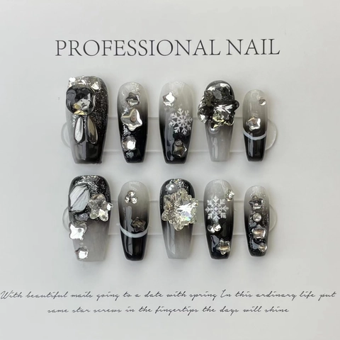 Handgemaakte Kunstnagels Lange Kistvorm Zwart Grijs Verloop Strass Sneeuwvlokken Winter Luxe Valse Nagels Voor Dames