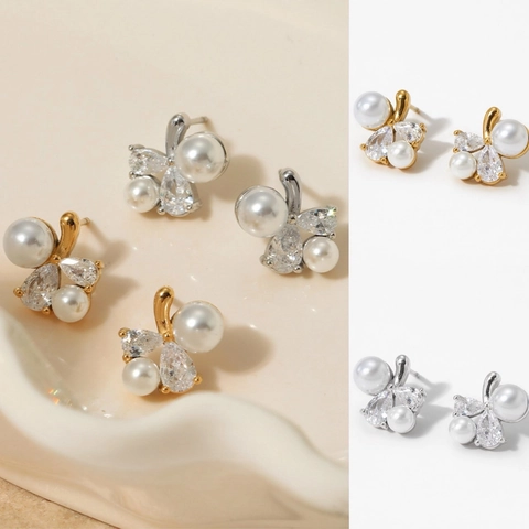 Stainless Steel Stud Earrings With Zircon And Artificial Pearl Butterfly Flower Design PVD Gold Plated Fashion Jewelry For Women