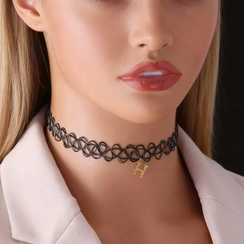 Vintage Handmade Woven Fishline Choker Necklace With Stainless Steel Gold Initial Alphabet Letter Pendant For Women Gothic Jewelry