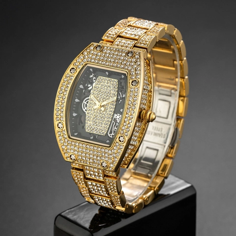 Lussuoso Orologio al Quarzo Tonneau Iced Out per Uomo Donna Quadrante Skeleton con Strass Cinturino in Metallo Hip Hop Regalo