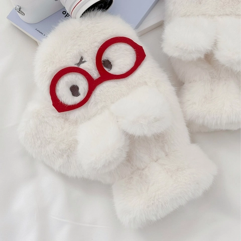 Cartoon Rabbit Mittens Plush Red Glasses Embroidered Thick Warm Winter Windproof Neck Hanging Soft For Women And Men