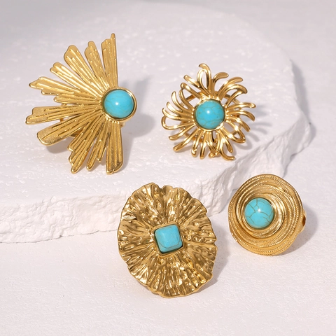 Vintage Boho Offener Ring Für Damen Edelstahl 18K Vergoldet Synthetischer Türkis Geometrischer Sonnenstrahl Schmuck