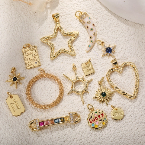 Gold Vergoldete Kupfer Anhänger Charms Mit Bunten Zirkonia Herz Stern Mond Für DIY Schmuckherstellung Zubehör