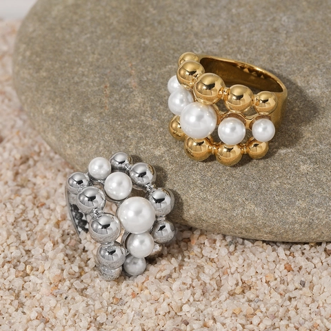 Stainless Steel Triple Layer Bead Artificial Pearl Ring Vacuum Plating Elegant Luxury Vintage Finger Jewelry For Women