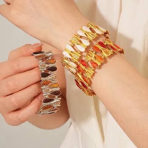 Bracciale Elastico Largo In Lega Smalto Strass Goccia D'acqua Vintage Gioielli Stile Boho Retrò Da Donna