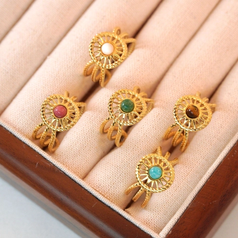 Vintage Stainless Steel Open Ring For Women Men Bohemian Natural Stone Inlaid Sun Mandala Adjustable Geometric Finger Ring Jewelry