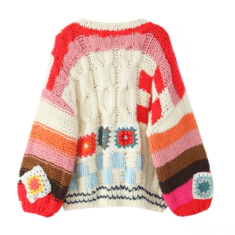 Häkeln Granny Square Strickjacke Damen Boho V-Ausschnitt Langarm Patchwork Strickpullover Bunt Lockerer Stil