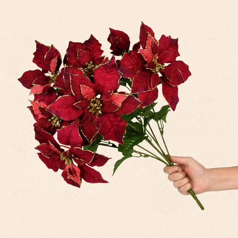 Artificial Poinsettia Bouquet Satin Fabric Glitter Edge Christmas Flower Home Table Decoration