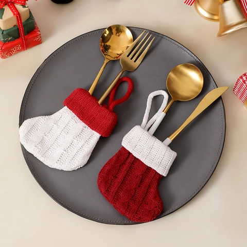 Mini Calcetines De Navidad Soportes Para Cubiertos Tejido Trenzado Poliéster Adornos Colgantes Decoración Mesa Fiesta