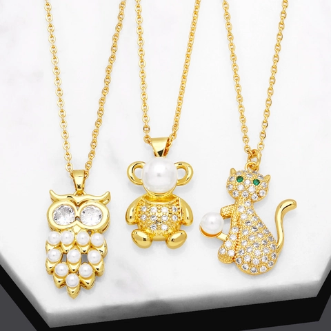 Animal Pendant Necklace Copper Micro Pave Zircon Faux Artificial Pearl Owl Bear Cat Charm For Women Fashionable Jewelry