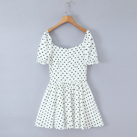 French Style Polka Dot Polyester Mini Dress With Bubble Sleeves And Square Neck Ruffled A-Line Summer Elegant Short Dress
