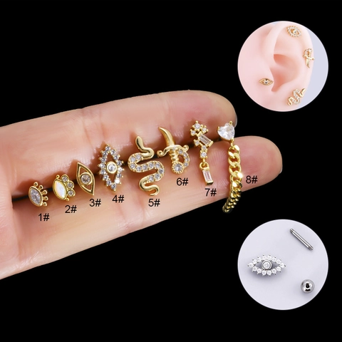 Ear Cartilage Stud Piercing Jewelry Stainless Steel Copper Zirconia Snake Evil Eye Heart Dagger Screw Back Fashion Women