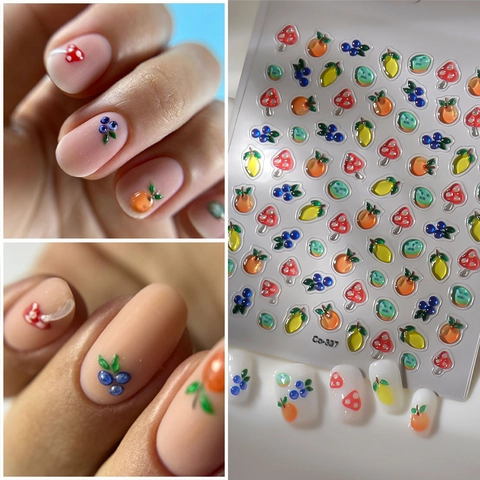 Autocollants Ongles 5D Relief Motifs Fruits Champignons Texture Jelly Autocollants Imperméables Décoration DIY