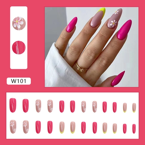 Summer Fresh Press On Nails Long Almond Shaped Floral Daisy Pattern French Tip Minimalist Bright Rose Red Fake Nails