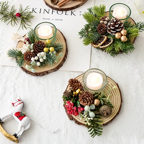Christmas Wooden Candle Holder Ornament With Pine Cones Berries Glass Cup For Holiday Table Centerpiece Xmas Tree Decoration