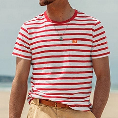 Camiseta De Rayas De Manga Corta Para Hombre Mezcla De Poliéster Y Elastano Cuello Redondo Informal De Verano Playa Con Bolsillo