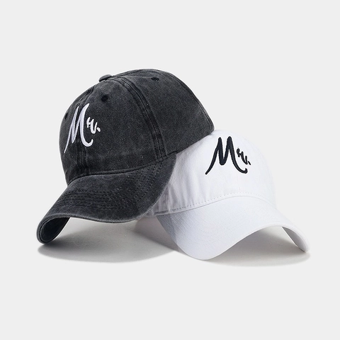 Mr Mrs Embroidery Washed Cotton Baseball Cap Adjustable Vintage Curved Brim Casual Sun Hat For Couples
