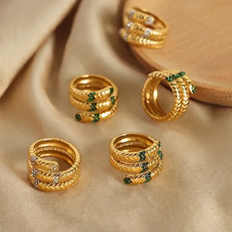 Vintage Titaniumstaal Slangenwikkelring voor Dames 18K Verguld Schubben Textuur Verstelbare Open Strass Ring