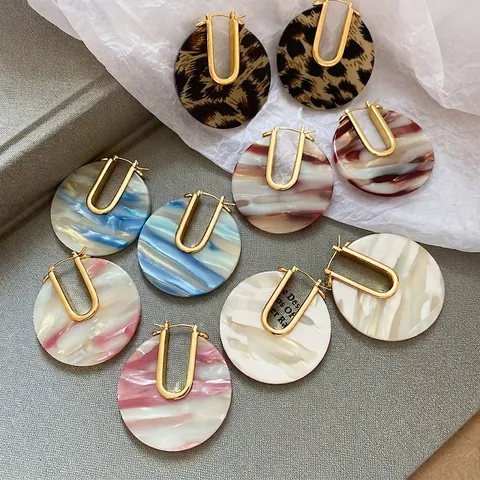 Orecchini A Cerchio Tondi Con Acetato Di Cellulosa Marmo Stampa Leopardata Rame Placcato Oro Perno In Argento Donna