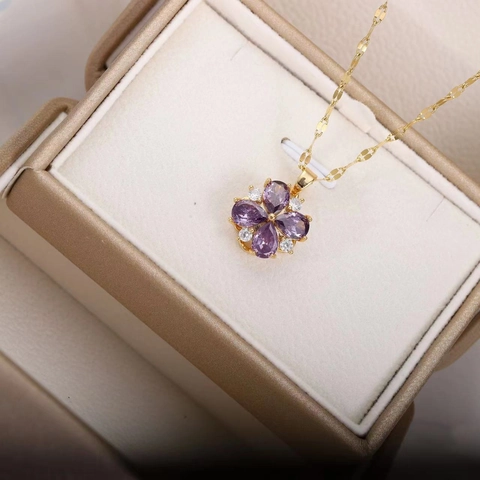Blume Anhänger Halskette Lila Kristall Zirkon Vergoldeter Edelstahl Rotierende Kette Schmuck Für Damen