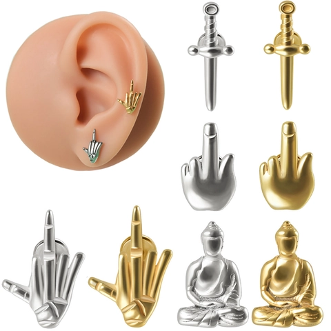 Bijoux De Piercing Lèvre En Acier Inoxydable Punk Filetage Interne Design Bouddha Épée Geste Main Pour Femmes Hommes