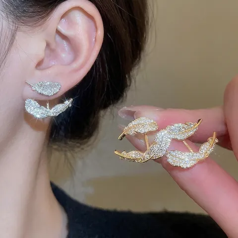 Orecchini A Lobo Piuma Con Perno In Argento Zircone Incastonato Rame Placcato Oro Gioielli Eleganti Per Donne