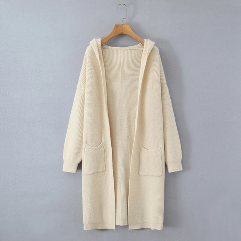 Gilet Long À Capuche Pour Femme En Maille Côtelée Devant Ouvert Pull Avec Poches Couleur Unie Surdimensionné