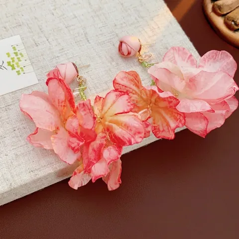 Oversized Pink Cloth Flower Drop Earrings For Women Bohemian Gradient Gauze Petal With 925 Sterling Silver Earring Post