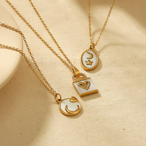 18K Gold Plated Stainless Steel Necklace Heart Moon Star Lock Enamel Pendant Zircon Elegant Fashion Jewelry Women