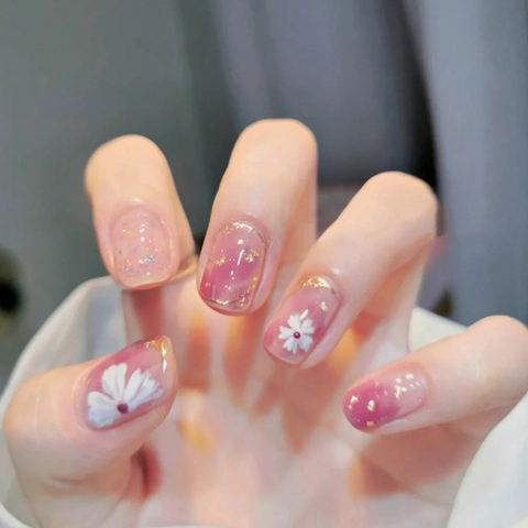 Uñas Postizas Degradado Rosa Diseño De Flor De Camelia Papel De Oro Brillo Cortas Redondas Para Mujeres
