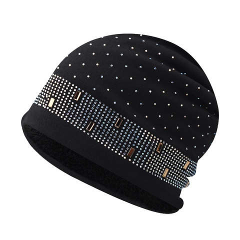 Women Winter Knitted Beanie Hat Cotton Rhinestone Gold Metal Decor Fleece Lined Warm Slouchy Skull Cap Outdoor