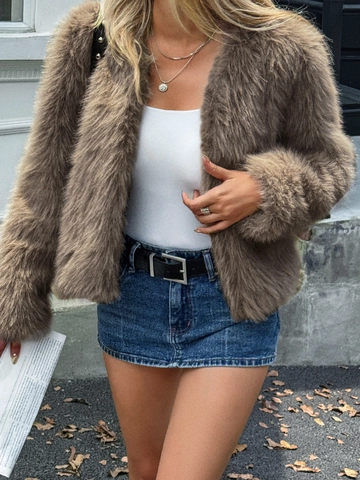 Women Faux Fur Jacket Long Sleeve Short Cropped Shaggy Plush Coat Elegant Winter Outerwear Open Front Solid Color