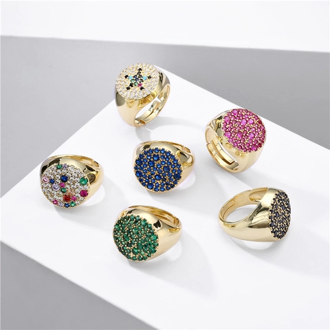 Vintage Runder Mikro Pave Zirkon Offener Ring Kupfer Bunter Verstellbarer Cocktail Schmuck Für Damen
